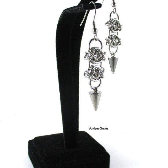 Earrings with Spikes & Barbed Wire Chain Link Chainmail Eye Jewelry Gothic Rock - Picture 2 of 4